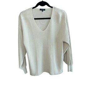1 State Metallic Gold Sweater Ribbed Knit Pleated Sleeves V Neck Size XS